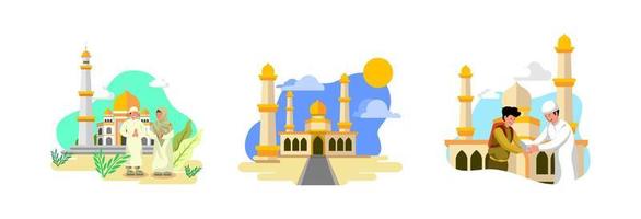 Moschee Illustration einstellen im eben Design Stil mit silaturahmi und Vergebung Konzept vektor