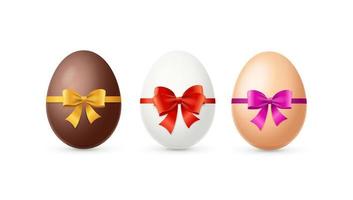 realistisch detailliert 3d anders Farbe Ostern Ei mit Band und Bogen Satz. Vektor