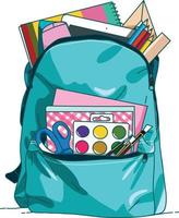 Illustration von ein Schule Tasche mit farbig malen, farbig Bleistifte, Schere Innerhalb vektor