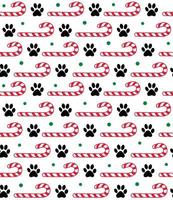 nahtlos Muster von Weihnachten Hund Haustier, Hund Pfoten druckt und Süßigkeiten Stock- Weihnachten Vektor Design
