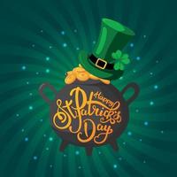 Lycklig st. Patricks dag hälsning kort med en hatt och en pott av guld. vektor