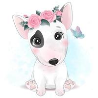 niedlicher kleiner Hund mit Blumenillustration vektor