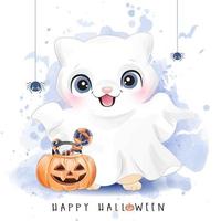 niedliche Katze für Halloween-Tag mit Aquarellillustration vektor