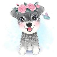 süßer kleiner Schnauzer mit Blumenillustration vektor