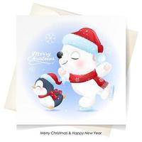 söt doodle isbjörn och pingvin till jul med akvarellillustration vektor