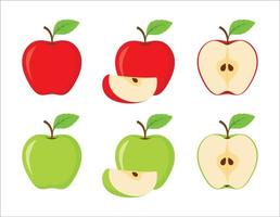 Apfel Obst Vektor einstellen im rot und Grün Farbe. einstellen von Äpfel und geschnitten Äpfel isoliert auf Weiß Hintergrund. ganz, Hälfte, Scheibe von rot und Grün Apfel Obst mit Grün Blätter. Vektor Illustration