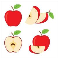 Apfel Obst Vektor Satz. einstellen von Äpfel und geschnitten Äpfel isoliert auf Weiß Hintergrund. ganz, Hälfte, Scheibe von rot Apfel Obst mit Grün Blätter. Vektor Illustration