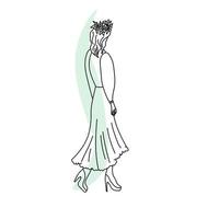 flicka modell från tillbaka i krans, kontur teckning av en flicka i en klänning med vågig hår på en mild grön fläck vektor