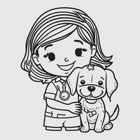 söt tecknad serie veterinär sjuksköterska leende med en hund vektor