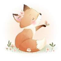 söt doodle foxy med blommig illustration vektor
