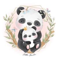 söt doodle panda med blommig illustration vektor