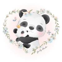 söt doodle panda med blommig illustration vektor