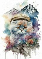 das magisch Welt von ein Angora Katze ein Aquarell Reise vektor