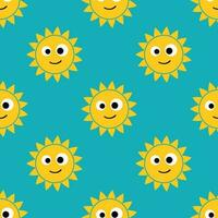 tecknad serie söt Lycklig Sol sömlös mönster. solig dag himmel bakgrund. vektor