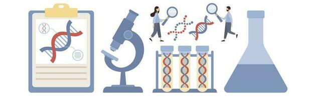 genetiker uppsättning. dna testa rör, mikroskop ikon. laboratorium forskning Utrustning. medicin och vetenskap teknologi. bioteknik, genetisk testning, gen terapi, biotech företag. vektor platt illustration