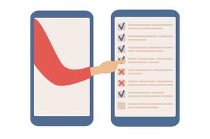 uppkopplad undersökning ikon. Rör skärm smartphone med testa form. internet skytte, checklista, form, Urklipp tecken. vektor platt illustration