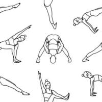 sömlös mönster tapet. yoga poser samling. svart och vit. kvinna kvinna flicka. vektor illustration i översikt stil isolerat på vit bakgrund.