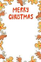 jul kort mall med pepparkaka man och rådjur i tecknad serie platt stil isolerat på vit bakgrund vektor