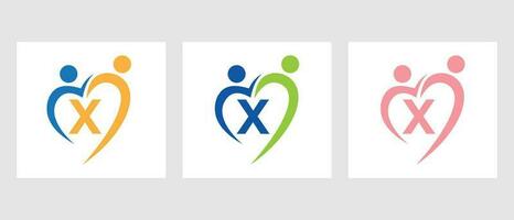Brief x Gemeinschaft Logo Vorlage. Zusammenarbeit, Herz, Menschen, Familie Pflege, Liebe Logo. Nächstenliebe Spende Stiftung Zeichen vektor