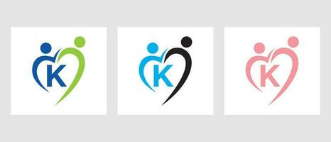 Brief k Gemeinschaft Logo Vorlage. Zusammenarbeit, Herz, Menschen, Familie Pflege, Liebe Logo. Nächstenliebe Spende Stiftung Zeichen vektor