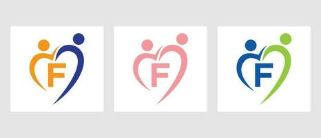 Brief f Gemeinschaft Logo Vorlage. Zusammenarbeit, Herz, Menschen, Familie Pflege, Liebe Logo. Nächstenliebe Spende Stiftung Zeichen vektor