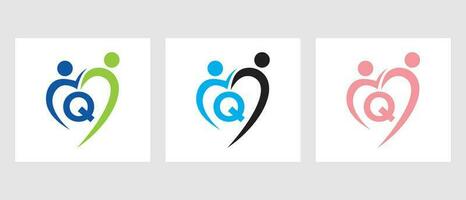 Brief q Gemeinschaft Logo Vorlage. Zusammenarbeit, Herz, Menschen, Familie Pflege, Liebe Logo. Nächstenliebe Spende Stiftung Zeichen vektor