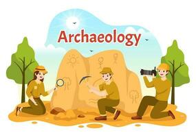 arkeologi illustration med arkeologisk utgrävning av gammal ruiner, artefakter och dinosaurier fossil i platt tecknad serie hand dragen mallar vektor