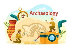 arkeologi illustration med arkeologisk utgrävning av gammal ruiner, artefakter och dinosaurier fossil i platt tecknad serie hand dragen mallar vektor