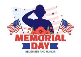 minnesmärke dag illustration med amerikan flagga, kom ihåg och hedra till meriterande soldat i platt tecknad serie hand dragen för landning sida mallar vektor