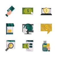 Zahlungen online, Geld und Finanztechnologie Icon Set vektor
