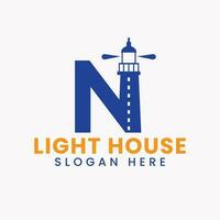 Brief n Licht Haus Logo Vektor Konzept. Licht Haus Logo