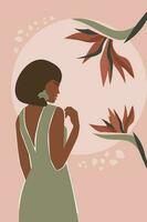 abstrakt zeitgenössisch Poster mit ein schön Mädchen und Strelitzia Blumen. tropisch Pflanzen und ein Frau im ein Sommer- Kleid. Vektor Grafik.