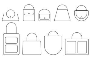 Frauen Mode Handtaschen Sammlung, Vektor Gliederung Symbol Illustration. anders Typen von stilvoll Taschen isoliert auf ein Weiß Hintergrund.