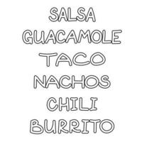 mexikansk meny text med traditionell mat namn guacamole, salsa, taco, nachos, chili, burrito. vektor illustration