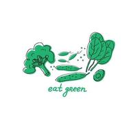 friska mat. platt illustration av spenat, broccoli, grön ärtor och gurka med text äta grön. hand ritade. idealisk för eco marknadsföra, organisk Produkter, labels.vector vektor