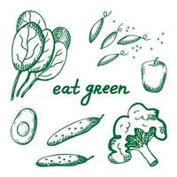 gesund Lebensmittel. eben Illustration von Spinat, Brokkoli, Apfel, Grün Erbsen und Gurke mit Text Essen grün. Ideal zum Öko, organisch Produkte Markt, Etiketten.Vektor vektor