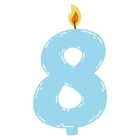 Kerze Nummer acht im flachen Stil. handgezeichnete Vektorgrafik von brennenden Kerzen mit 8 Symbolen, Gestaltungselement für Geburtstagskuchen vektor