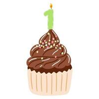 Hand gezeichnet köstlich Schokolade Cupcake mit ein Verbrennung Kerze Nummer eins. Vektor Illustration von Süßigkeiten, Nachtisch, Gebäck zum Geburtstag, Jubiläum, Party