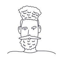 klotter porträtt av en kille med lockigt hår. isolerat översikt. han har en skägg och en mustasch. hand dragen vektor illustration i svart bläck på vit bakgrund