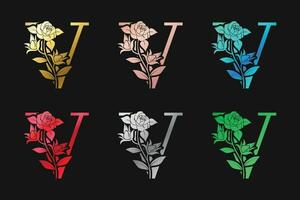 alfabet brev v med blommor och löv vektor