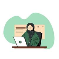 Muslim Frau im Hijab Arbeiten auf Laptop. Vektor Illustration eben Stil Design zum Bildung und akademisch