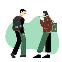 ein Mann mit ein Rucksack und ein Frau lesen ein Buch. Vektor Illustration eben Stil Design zum Bildung und akademisch