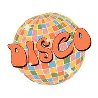 Disko Ball und Beschriftung im 70er Jahre retro Hippie Stil. vektor