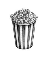 Popcorn im ein gestreift Tasse. Tinte skizzieren isoliert auf Weiß Hintergrund. Hand gezeichnet Vektor Illustration. retro Stil.