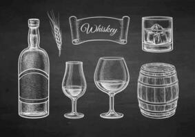 whisky uppsättning. krita skiss på svarta tavlan bakgrund. hand dragen vektor illustration. retro stil.