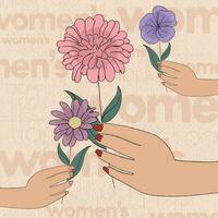 Gruppe von Hände halten Blumen glücklich Frauen Tag Poster Vektor