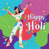 glücklich Mädchen Charakter mit Farbe und Pulver holi Festival Poster Vektor