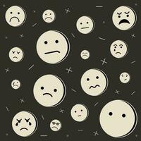 runden abstrakt Comic Gesichter mit traurig Emotionen. unzufrieden Gesichter, verärgert Emoji Gesicht nahtlos Hintergrund Muster. vektor