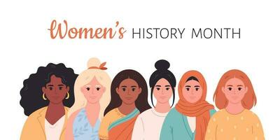 Frauen von anders Rennen, Nationalitäten. Damen Geschichte Monat. Feminismus und Frauen Gleichwertigkeit, Ermächtigung vektor