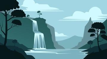 bakgrund silhuett, se av vattenfall, sjöar och träd, nyanser av grön vektor